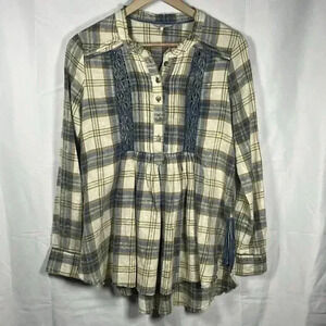 BKE flannel pleated button up long sleeve blouse womens XS 100% Cotton blue tan